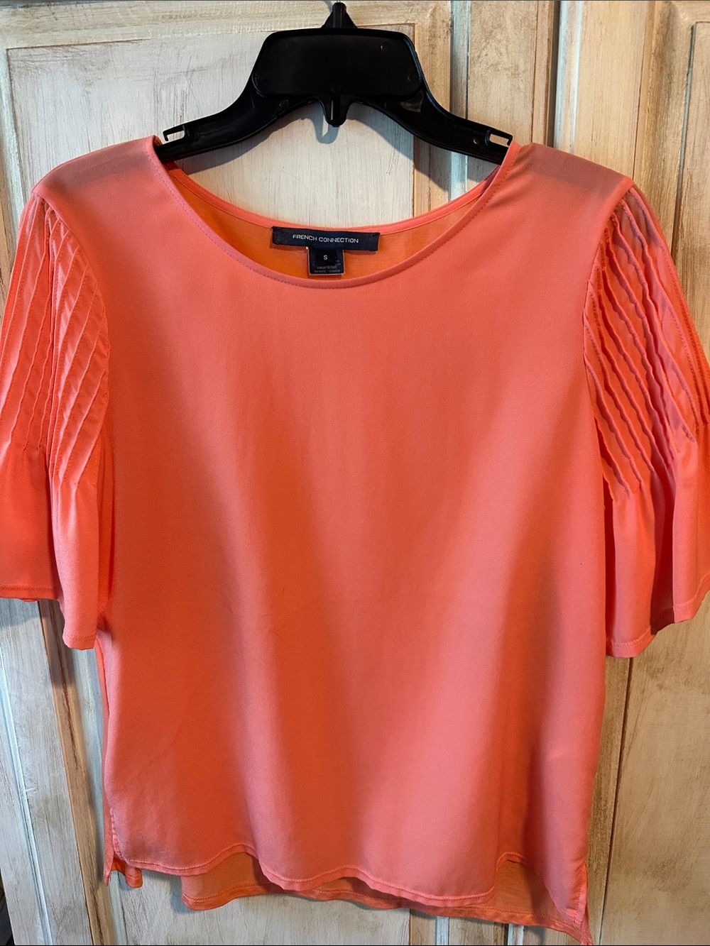 French Connection Coral Orange Short Pleat-Sleeve Blouse